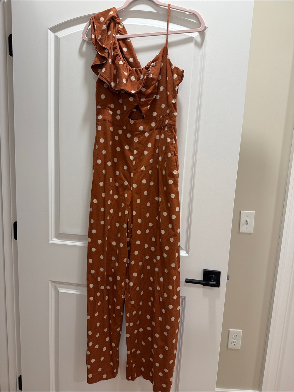 Anthropologie Rust Polka Dot One-Shoulder Jumpsuit